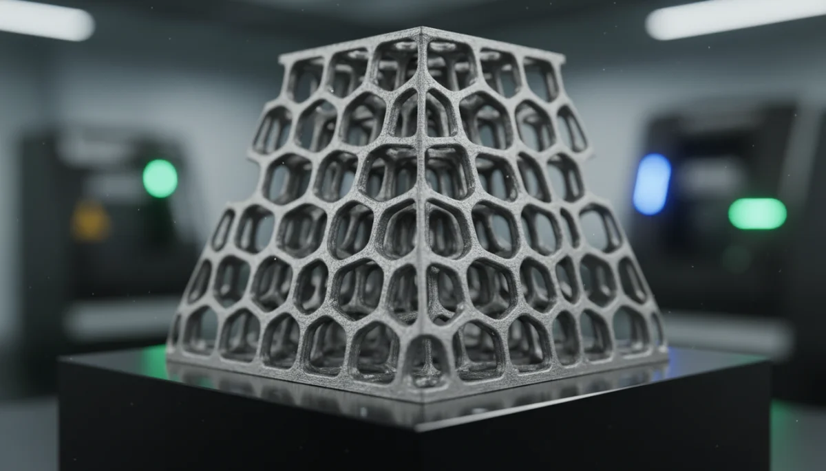 Intricate 3D-printed metal component, demonstrating advanced additive manufacturing.