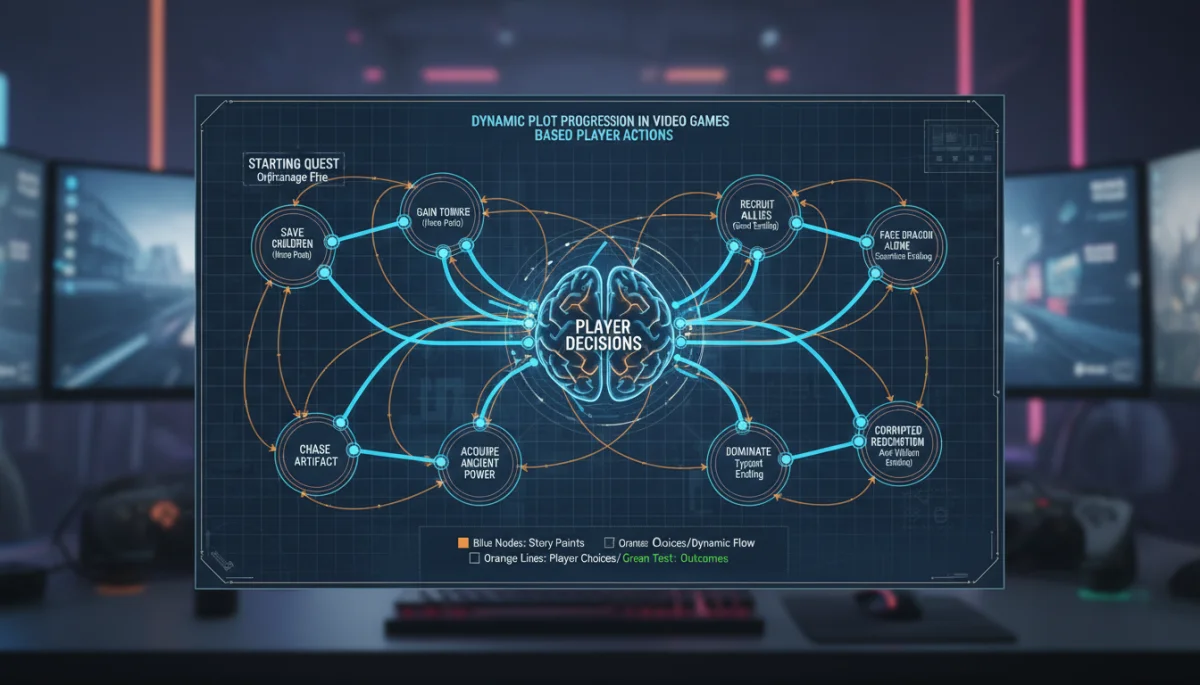 Infographic showing adaptive narrative paths in video games, detailing how player choices lead to divergent story outcomes.