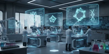 Scientists analyzing advanced materials in a high-tech laboratory, showcasing innovation in material science.