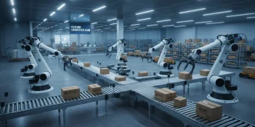 Advanced robotic arms sorting packages in a busy, automated US logistics warehouse.