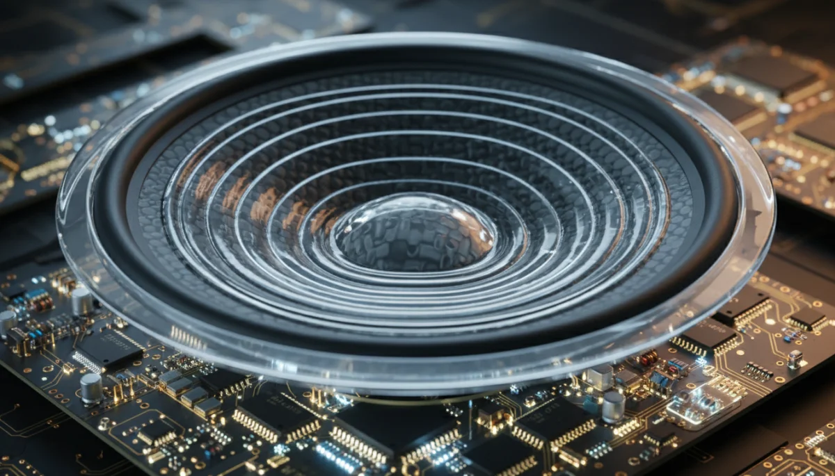 Transparent speaker cone vibrating with sound waves, showcasing advanced audio material science