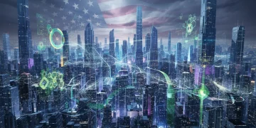 Futuristic digital landscape with ethical AI frameworks and US regulatory symbols