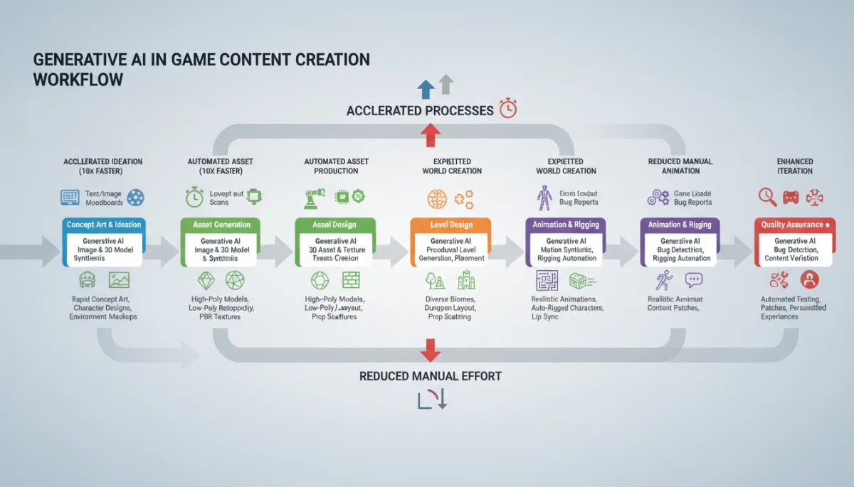 Workflow diagram showing generative AI integration in game development stages