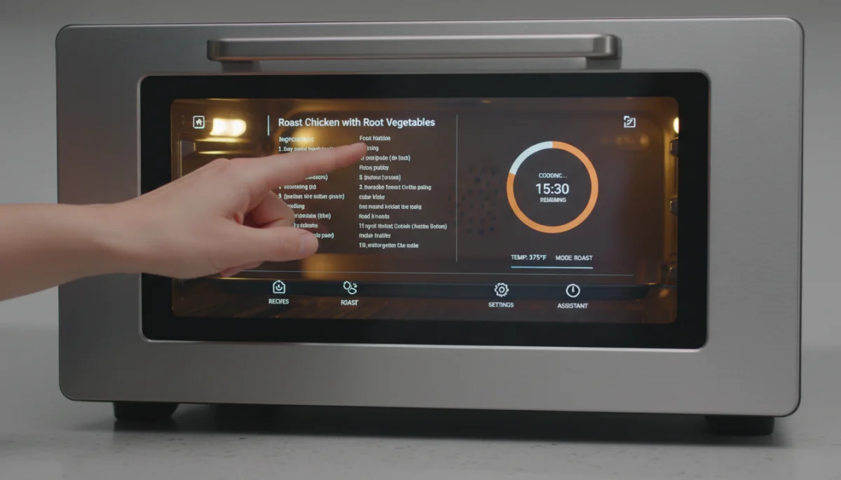 Hand interacting with AI-powered countertop oven touchscreen
