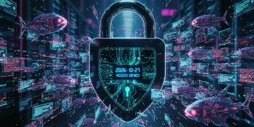 Futuristic padlock with AI circuits, phishing emails, representing AI-powered cyber threats.