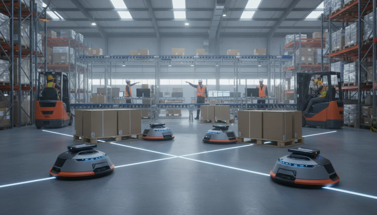 Autonomous mobile robots collaboratively transporting goods in a modern US warehouse.