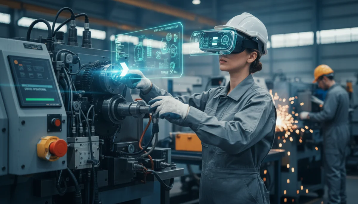 Engineer using AR headset for real-time industrial training and guidance