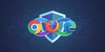 Digital shield protecting browser logos, symbolizing advanced privacy settings in 2026