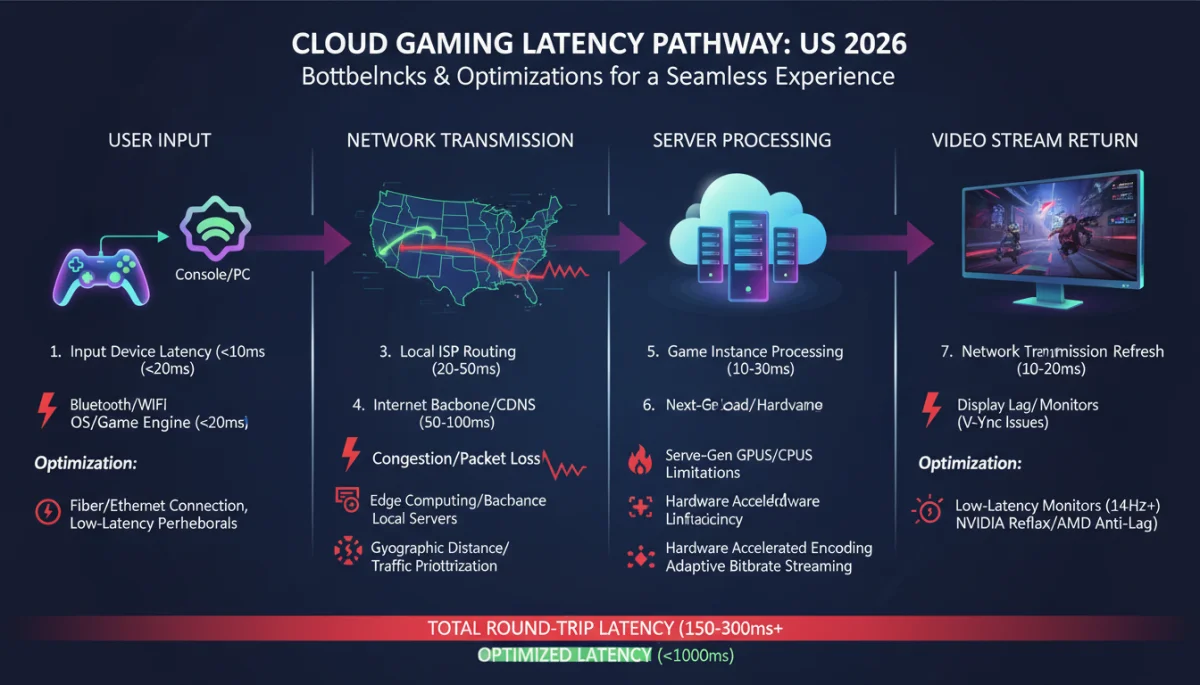 Diagram illustrating cloud gaming latency, network, and server processing for US gamers.
