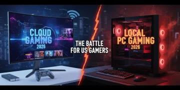 Cloud gaming interface juxtaposed with a high-end local gaming PC setup, symbolizing the 2026 performance comparison for US gamers.