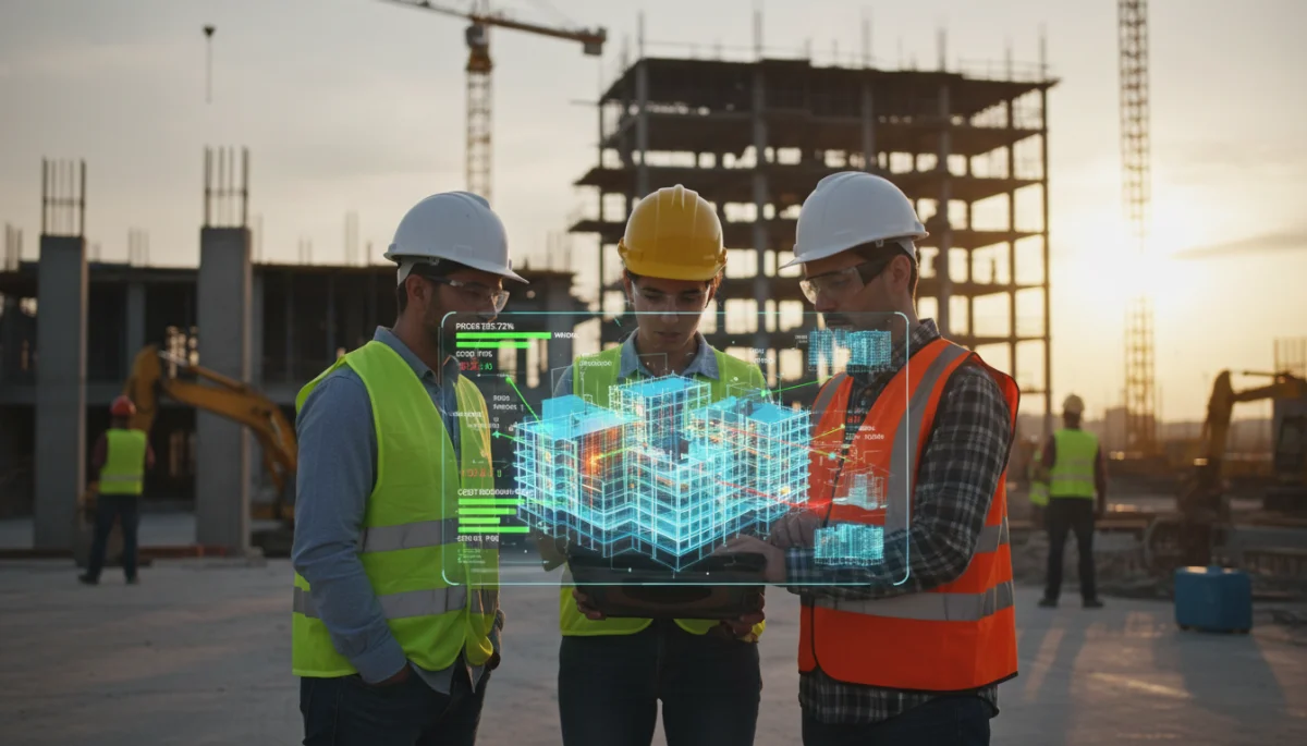 Construction team using a digital twin model on a tablet for real-time project management.