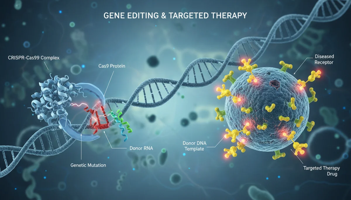 CRISPR gene editing and targeted therapy molecules interacting with DNA and cells