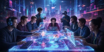 Gamers on various platforms collaborating in a futuristic cross-platform game.