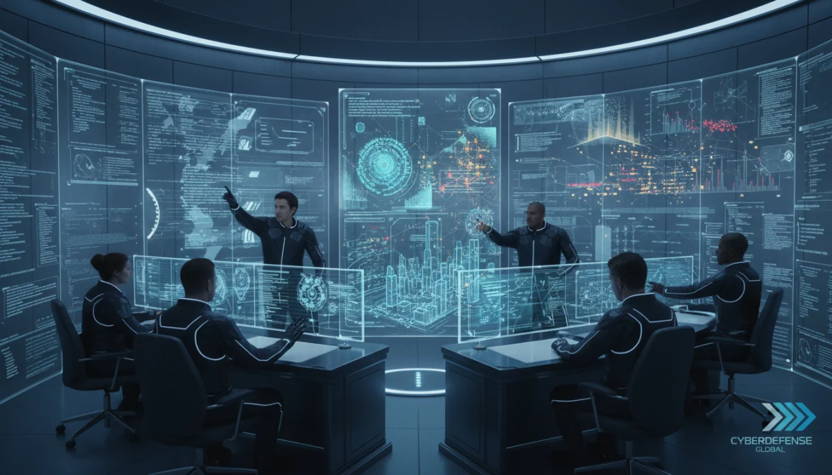Cybersecurity experts analyzing quantum algorithms and network defense in a control room.