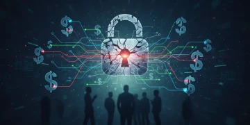 Shattered digital padlock over network lines and dollar signs, symbolizing data breach financial impact.