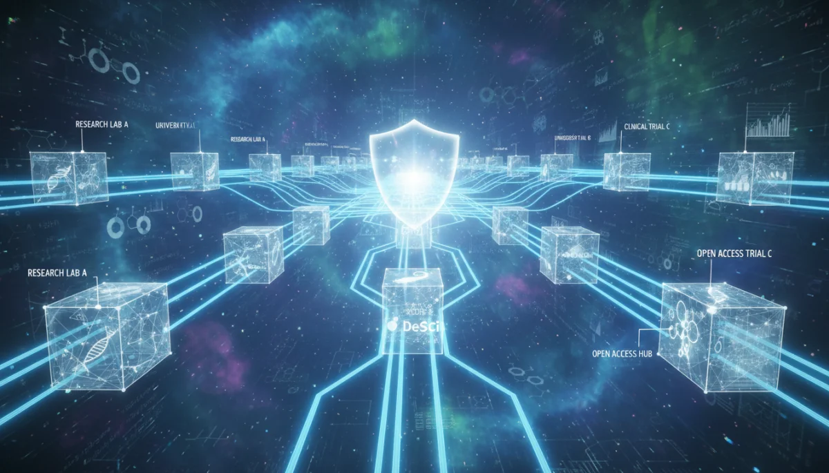Blockchain network facilitating secure and transparent scientific data sharing in DeSci.