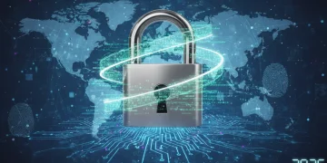 Digital lock icon protecting personal data streams in a futuristic network environment, representing a 2026 digital privacy audit.