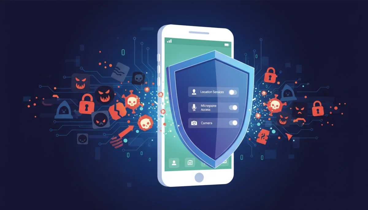 Digital shield protecting a mobile phone from cyber threats and data breaches.