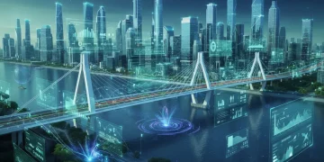 Digital twin technology visualizing a modern city's infrastructure projects, showing data overlays.
