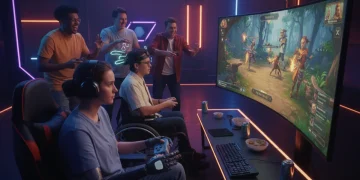 Diverse gamers using accessibility features in a modern video game setting
