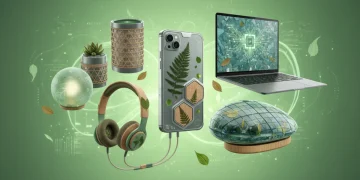 Futuristic eco-friendly consumer electronics devices, sustainable tech innovation