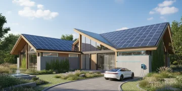 Futuristic eco-friendly smart home with solar panels and EV charging