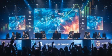 Esports players competing on stage with sponsor logos, symbolizing revenue growth