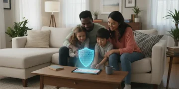 Parents and children using a tablet with a digital shield, emphasizing online safety