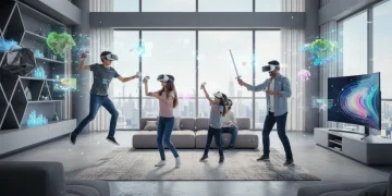 Family enjoying virtual reality gaming in a modern living room, showcasing diverse VR headsets and immersive gameplay.
