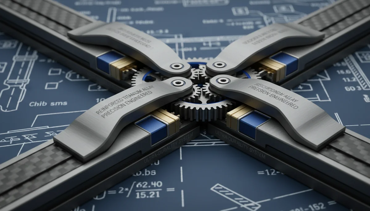Close-up of a foldable phone's reinforced hinge mechanism, showing advanced durability engineering