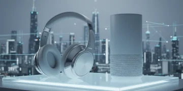 Futuristic headphones and smart speaker representing audio evolution in 2026