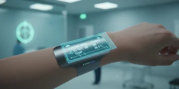 Futuristic bio-integrated wearable monitoring vital signs on a patient's arm