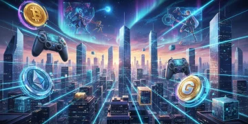 Futuristic city with blockchain gaming elements and glowing connections