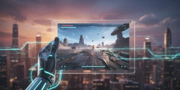 futuristic cloud gaming experience with tablet and data streams