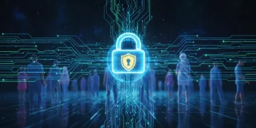 Futuristic digital security landscape with data flow and lock icon, representing cybersecurity in 2026.