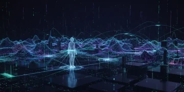 Futuristic digital landscape illustrating data streams and online tracking
