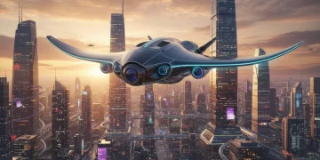 Futuristic drone with integrated smart cameras flying over a modern cityscape at sunset, capturing high-resolution images.