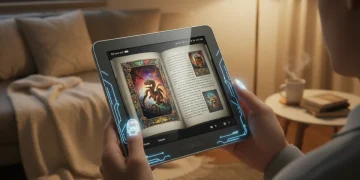 Futuristic e-reader with high-resolution E Ink screen in a cozy reading environment