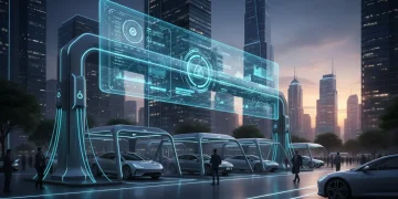 Futuristic EV charging station with glowing cables and smart grid display