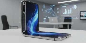 Futuristic foldable smartphone half-folded on a desk, highlighting advanced design and durability