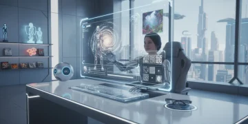 Futuristic game development studio with AI creating content