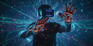 Futuristic gamer with haptic gloves and VR headset in an immersive virtual world