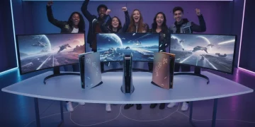 Futuristic gaming consoles on a desk with high-resolution screens and excited US gamers.