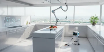 Futuristic home with advanced consumer robots performing household tasks in 2026