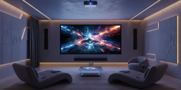 Futuristic living room with integrated soundbar and projector for cinematic viewing