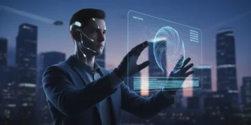 Futuristic neural interface integration in a person's head with holographic brain data in a US city