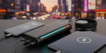 Futuristic portable power bank charging multiple devices on a city street