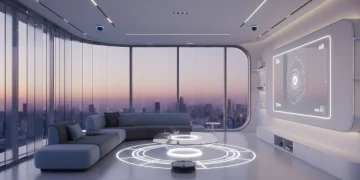 Futuristic smart home interior with integrated smart devices, sleek design, and advanced technology