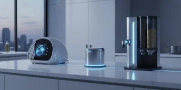 Futuristic smart kitchen appliances on a modern countertop