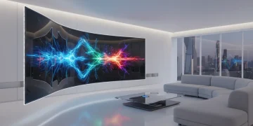 Futuristic transparent TV in a modern living room